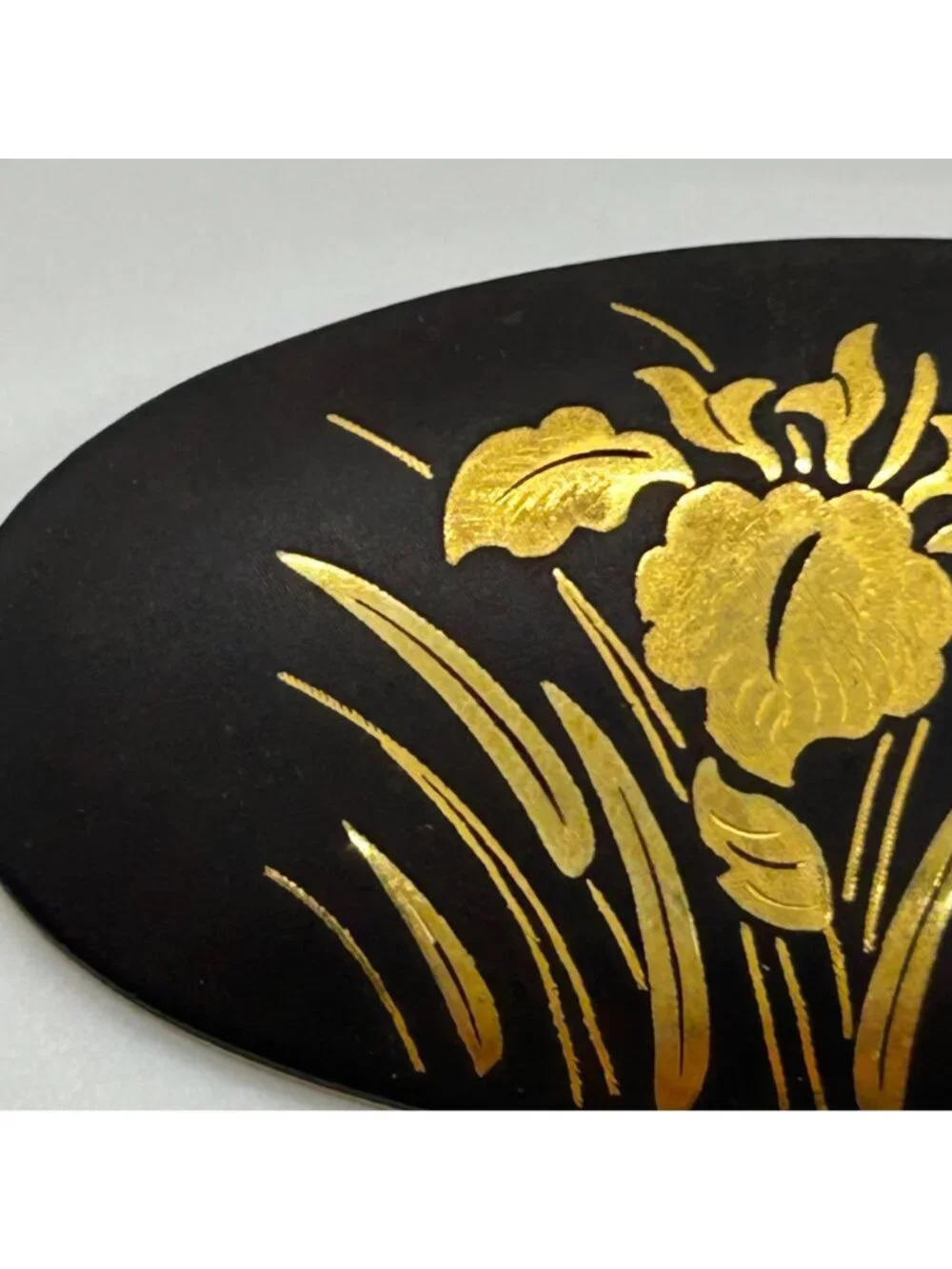 Vintage Japanese Damascene Brooch Gold-tone Inlay Black Oval Iris Flower Pin